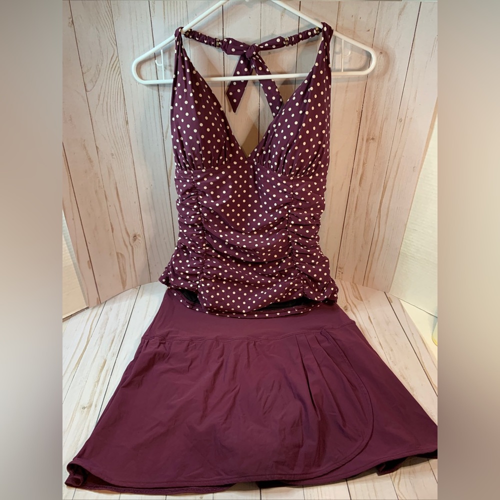 Lands End Purple Tankini Swimsuit Set -Polka Dot Halter Top 14, Pleated Skirt 14